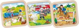 3er Set Einlegepuzzle Bauernhof, Feuerwehr, Reiterhof von goki